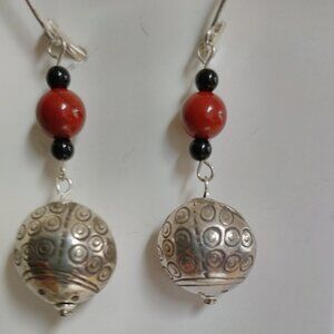 Sterling Silver Ladybug Earrings with Semi-precious beads, Handcrafted